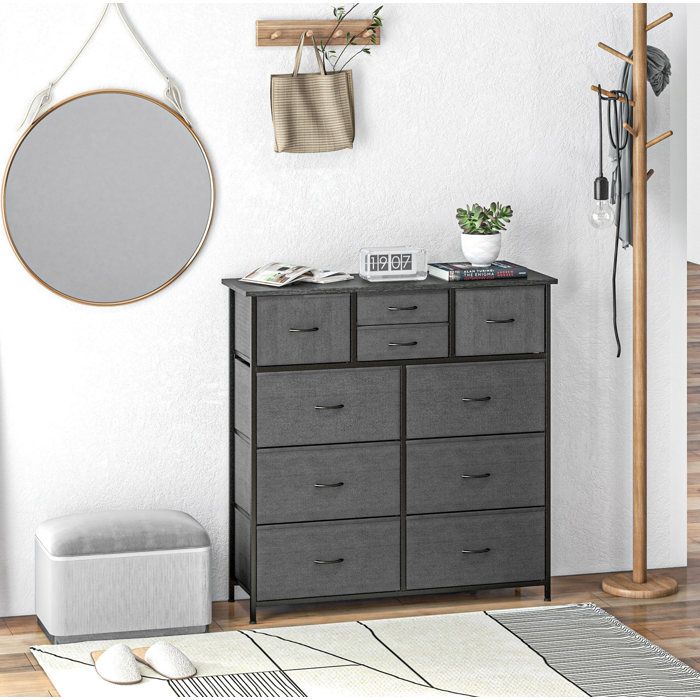 Commode de rangement 10 tiroirs en tissu 100 x 30 x 100 cm avec structure en acier noir pour salon chambre ORVRYN