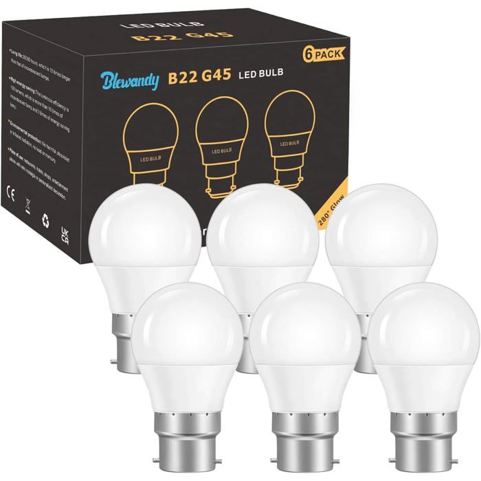 Ampoule LED B22 G45 5W Équiv. 40W 500Lm 3000K Blanc Chaud Baïonnette Non Dimmable Lot De 6