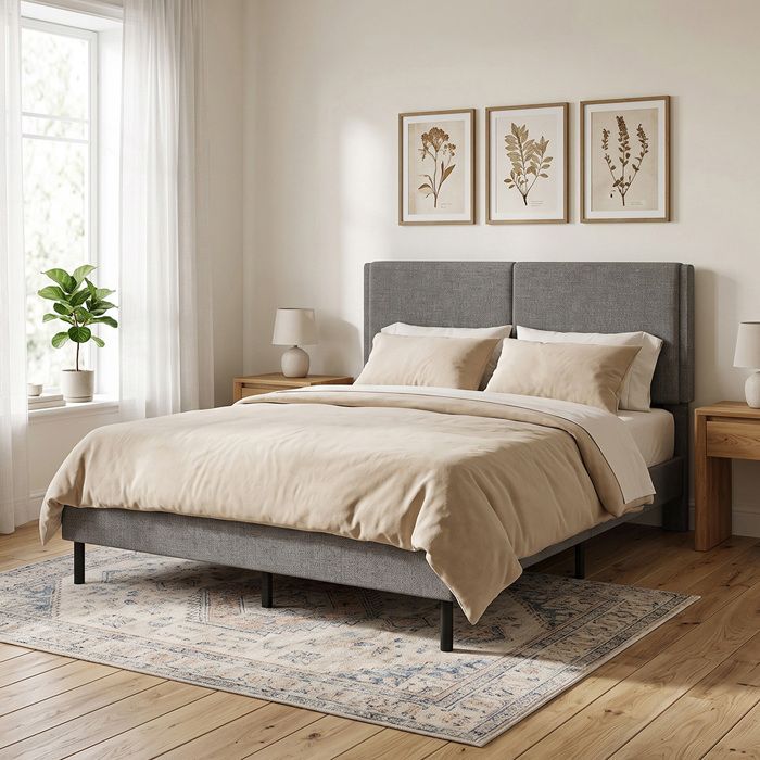 Cadre de lit - CRESTA - 140 x 190 cm - Sommier 12 lattes - Tête réglable - Rembourré lin gris Cadre de lit - CRESTA - 140 x 190 cm - Sommier 12 lattes - Tête réglable - Rembourré lin gris