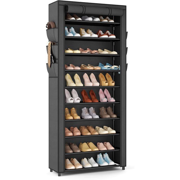 Armoire Chaussures 11 Niveaux 36-41 Paires Métal Étroit Avec Revêtement Anti-Poussière Pour Couloir Et Salon