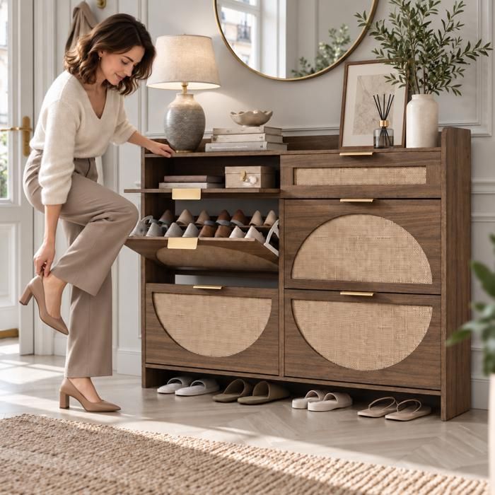 OUDian Armoire de rangement à chaussures en rotin 4 compartiments rabattables 2 tiroirs dimensions 110 x 24 x 100 cm