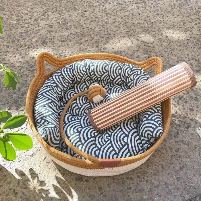 Lit pour chat tressé en corde de coton - Panier et griffoir avec jouet pour chat et petit chien