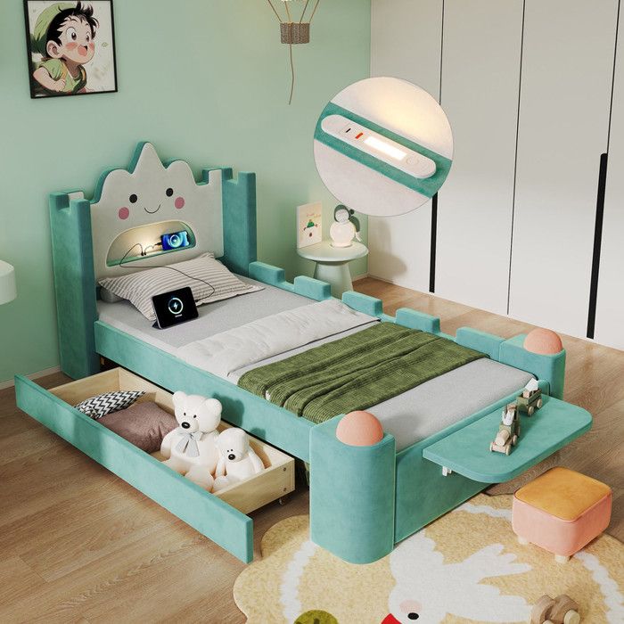 Lit coffre 90x200 cm enfant velours vert tête de lit nuage avec éclairage USB barrières sécurité table rabattable tiroir rangement