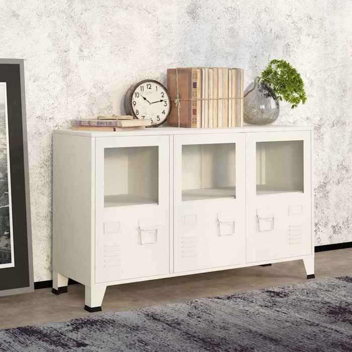 Stable&robuste Buffet industriel Blanc 105x35x62 cm Métal et verre avec manuel de montage &01_16567
