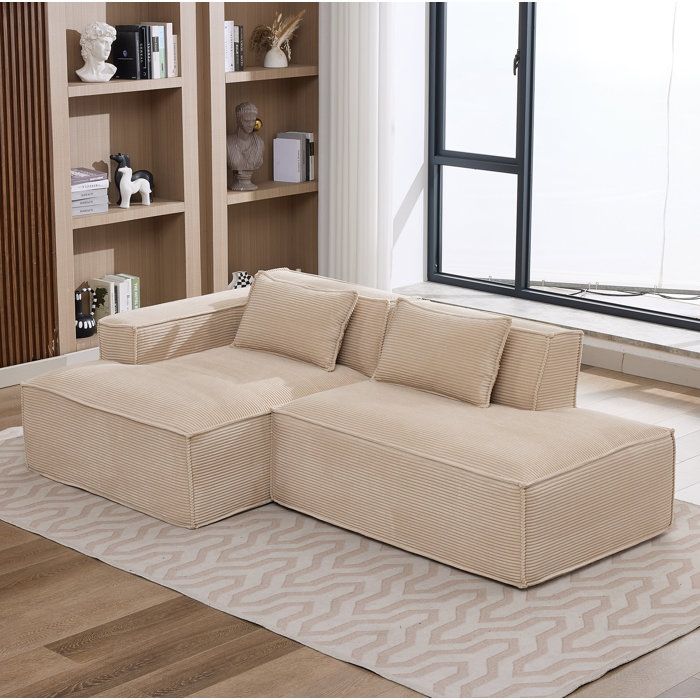COVREO Canapé d’angle fixe 2 places 235 cm kaki en polyester avec 2 coussins