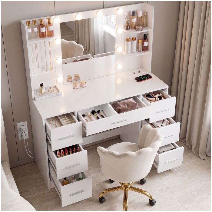 Coiffeuse - TECTAKE - Meuble CHARLOTTE avec miroir et éclairage LED prise intégrée 7 tiroirs 4 étagères ouvertes - Blanc Coiffeuse - TECTAKE - Meuble CHARLOTTE avec miroir et éclairage LED prise intégrée 7 tiroirs 4 étagères ouvertes - Blanc