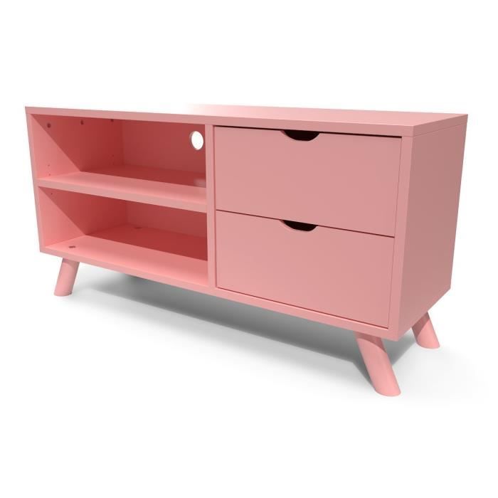 meuble tv scandinave viking bois - rose pastel - abc meubles - 2 tiroirs - pin massif - verni