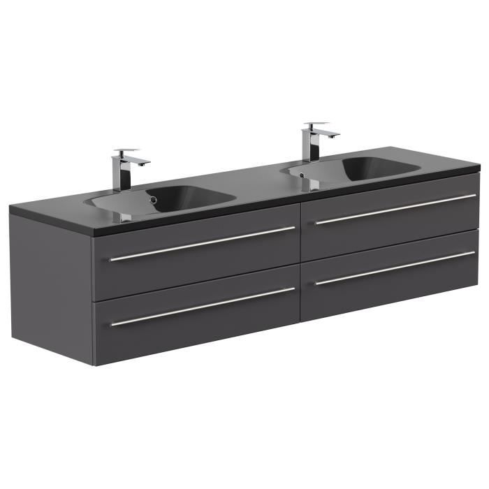 Ensemble Salle De Bain New-Luton En Chêne Anthracite - Meuble Double Vasque 140cm, Armoire Miroir LED, Placards Hauts
