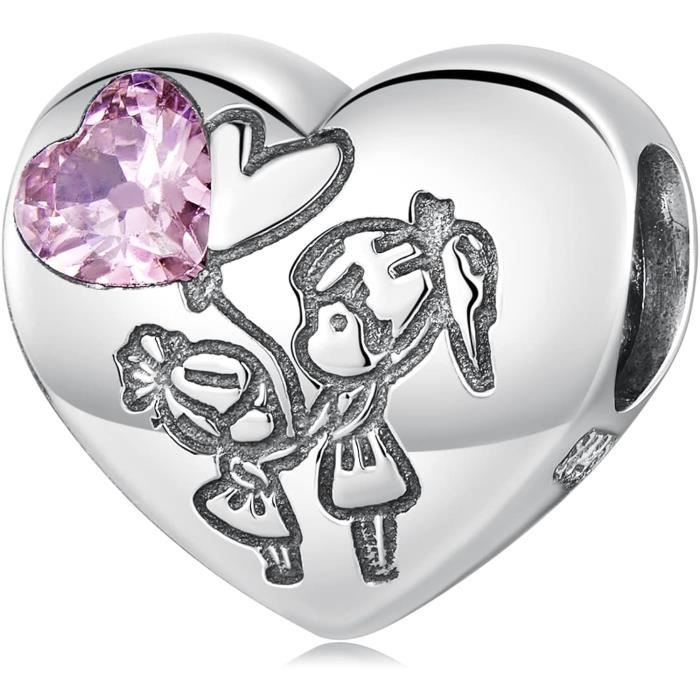 Charm Argent Sterling 925 - Pendentif Amour Famille Animaux Avec Zircon Cubique - Pour Bracelet Ou Collier