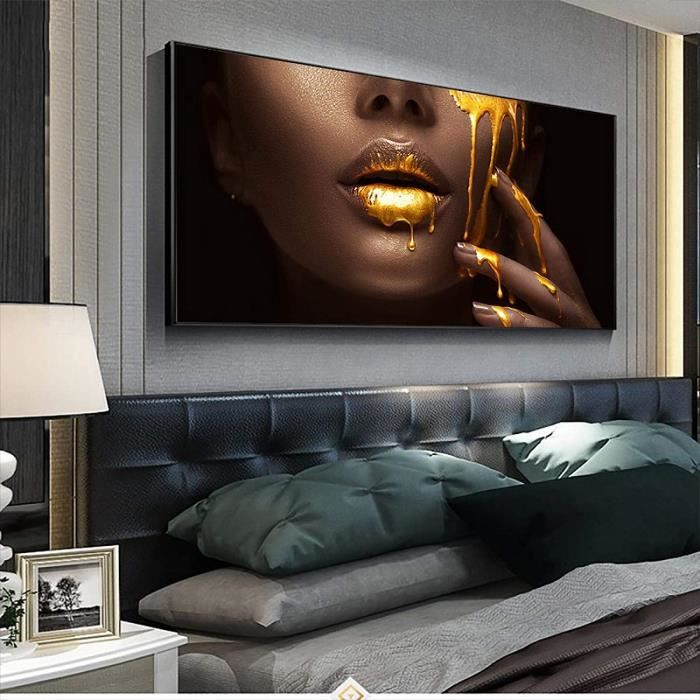 MOBYAT Cadre doré Peinture sur toile de femme noire africaine,Peinture de portrait de fille noire dorée,affiches et impressions tableau d'art mural africain pour salon Cuadros100x70cm(39x28in