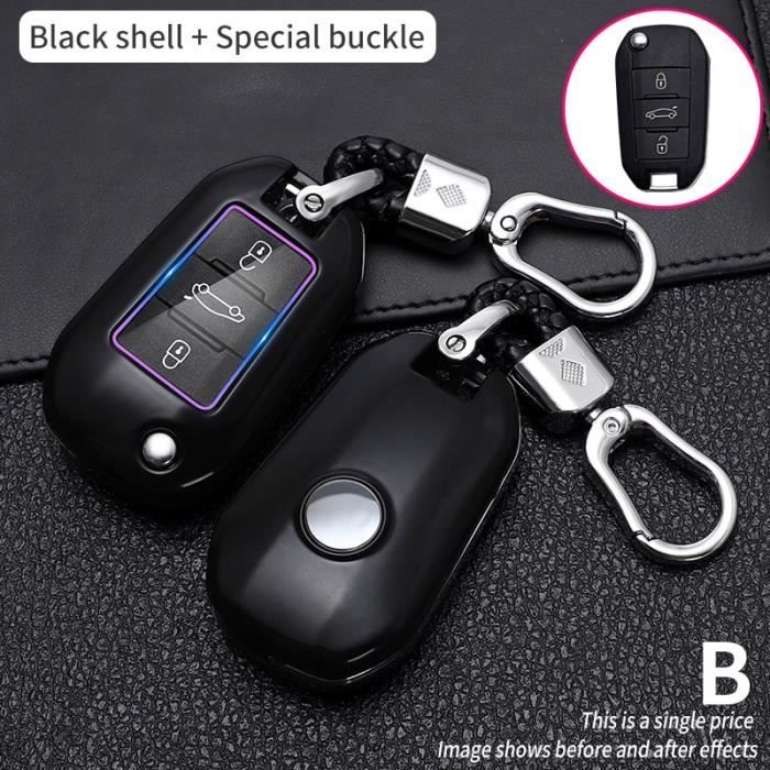 Coque clé,Porte clés télécommande intelligente pour voiture Peugeot, fibre  de carbone ABS, accessoire etui clés, pour - Type Black
