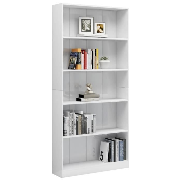 902153 - design furniture | bibliothèque à 5 niveaux contemporain - meuble étagère armoire de rangement blanc brillant 80x24x175 cm