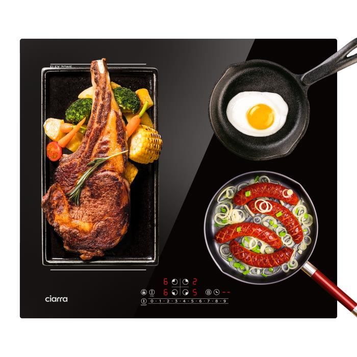 CIARRA Plaque à Induction 4 Foyers avec Zone Modulable Boosters L59 x P52cm 7200W Minuterie Table de Cuisson Verre Noir