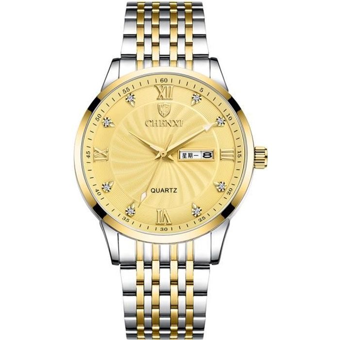 RMEGA Montre Homme de Luxe Quartz Etanche Double Calendrier- Acier  Doré