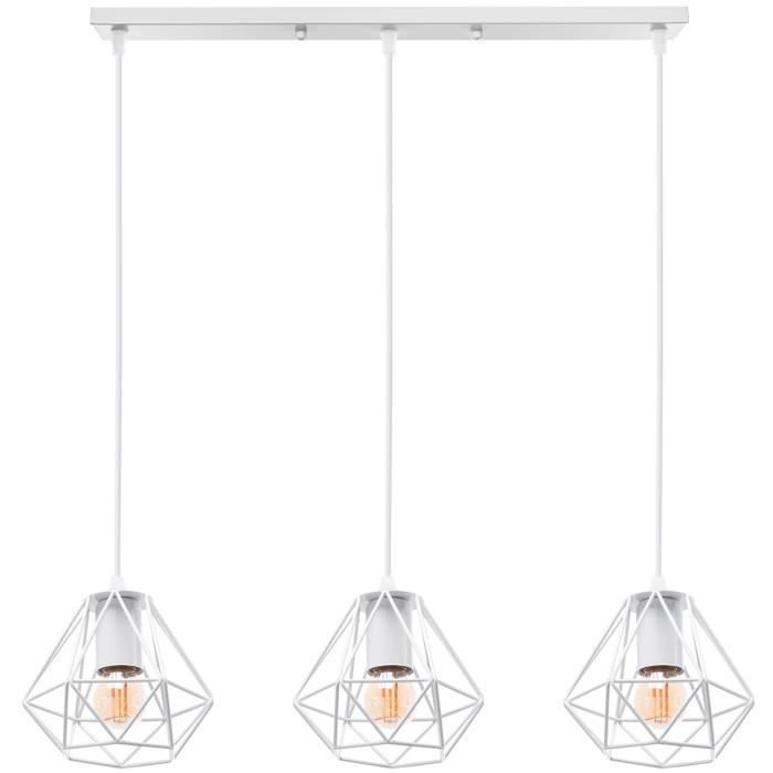 Lustre Suspension Vintage Industriel E27 Lampe à Suspension Abat-jour de Chapeau Lustre Plafonnier Intérieur 3 Luminaires - Blanc + Noir