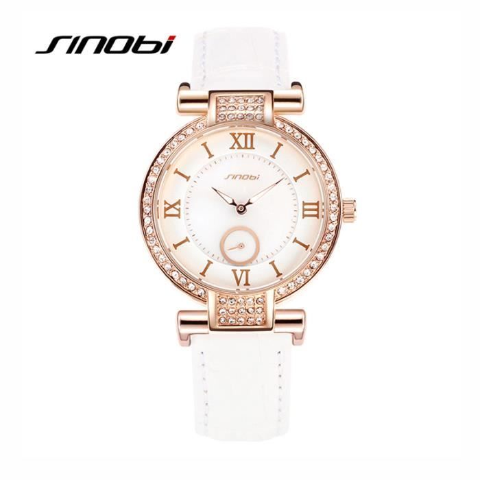 Parure Luxe Femme – Montre + 4 Bracelets – Cuir Blanc, Cadran Doré – NEUF étiquettes