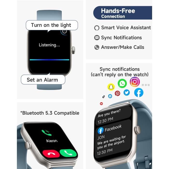 Montre Connectée Femme TOOBUR 1,83" Avec Alexa - Podomètre, 100 Sports, Appels, Cardio - Étanche IP68 - Compatible IOS/Android - 11