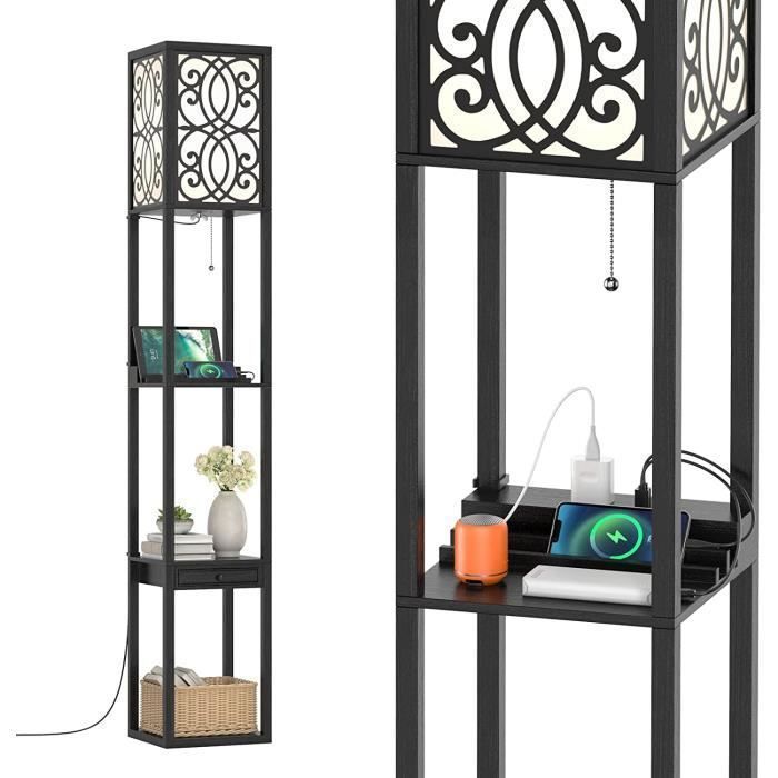 GOPLUS Lampadaire sur Pied à 3 Niveaux Lampe à Poser Rectangulaire avec Douilles E27 Étagères Ouvertes et Petit Tiroir (Modèle