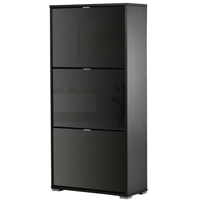Meuble à chaussures - HOMCOM - armoire 3 portes abattantes 3 compartiments rangement entrée - bois - 60x26x124cm - noir laqué
