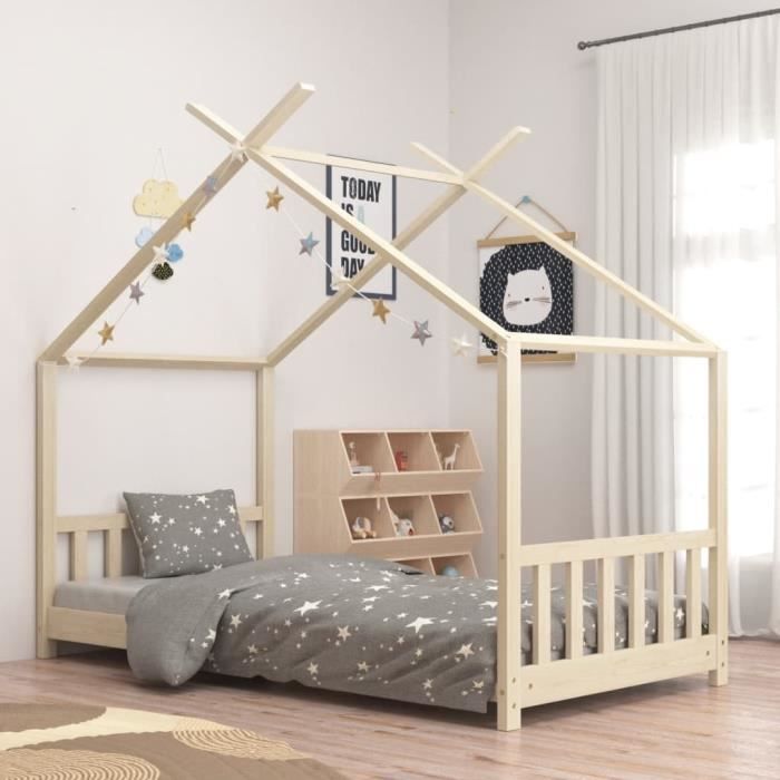 Lit Enfant En Forme De Maison En Pin Massif 80x160cm - Blanc Naturel, Avec Tiroirs Et Barrières