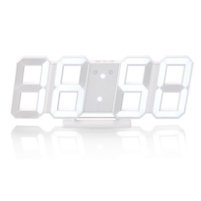 Horloge LED digitale - LUNARTEC - 3D - Fonction réveil - Blanc - Design contemporain Horloge LED digitale - LUNARTEC - 3D - Fonction réveil - Blanc - Design contemporain