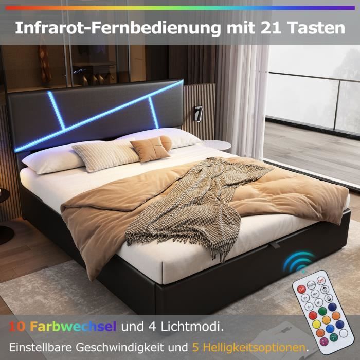 lit rembourré 140×200cm, avec barre lumineuse led, lit à fonction hydraulique, sommier à lattes, lit double, cuir synthétique, noir