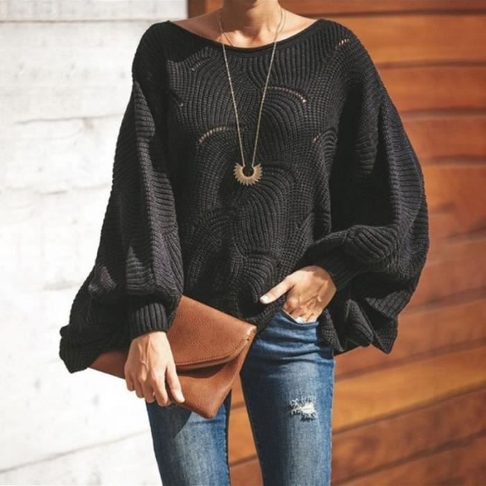 Pull Femme Grand Taille Col V Noir AUTREMENT Chandail Tricote avec Manches Longues