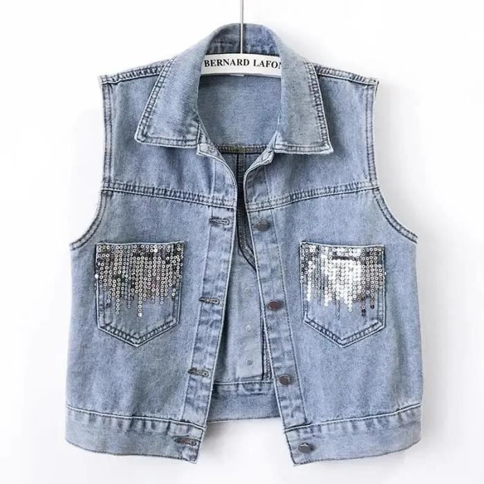 Veste en jean sans manches à paillettes pour femmes,gilet en denim,glaçure,design de mode,coréen,été,automne,2023- Blue[B72291]