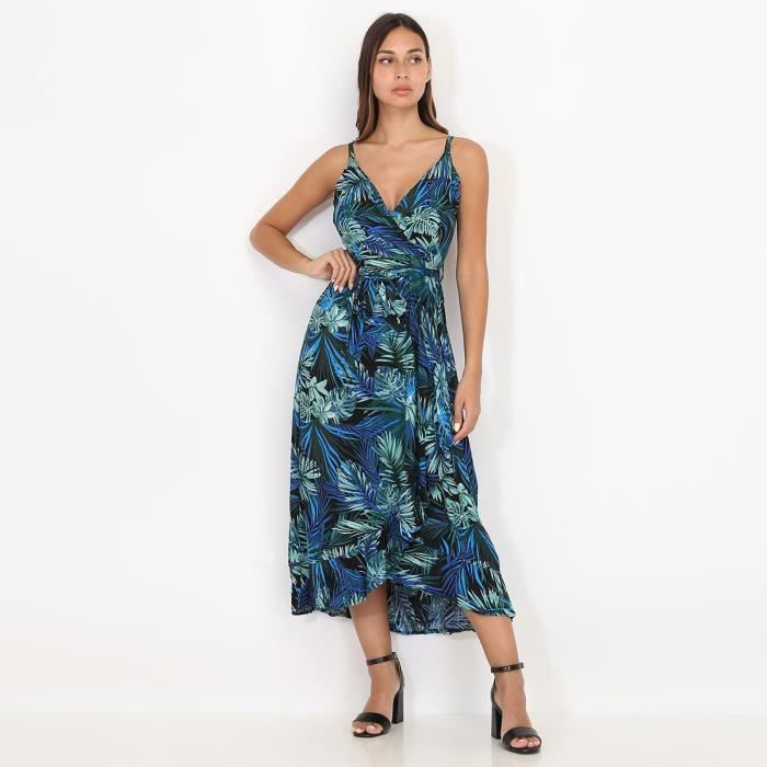 Robe mi-longue imprimé feuilles et irisée - Marine