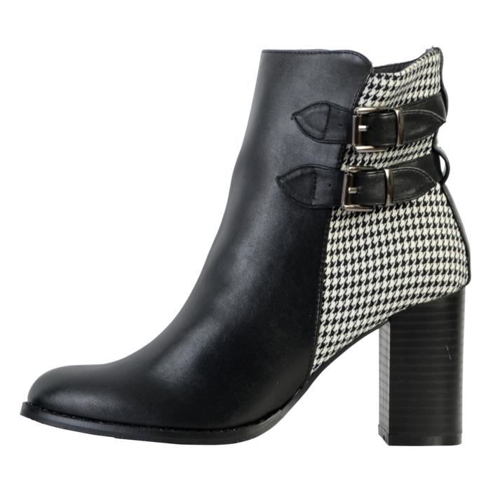 Bottines Femme - The Divine Factory - Cuir Noir - Talon Large - Fermeture Bride/Zip