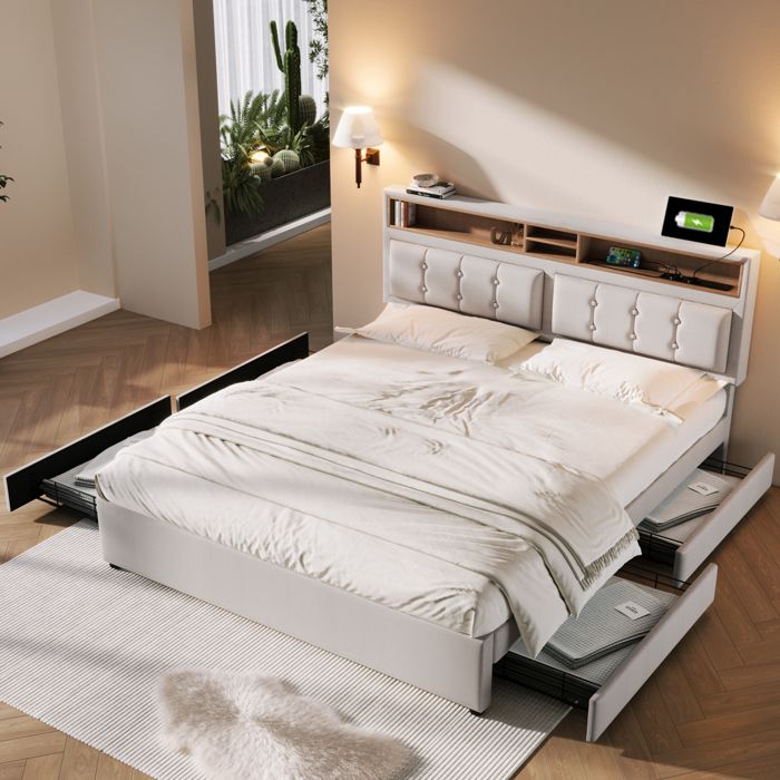 Yaheetech Lit Double 2 Personnes Capitonné Carré 160×200cm Tête De Lit Reglable En Hauteur 92201749