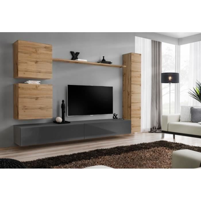 ensemble de meuble de salon, switch viii.meuble tv mural design, coloris gris brillant et chêne wotan. 40 gris