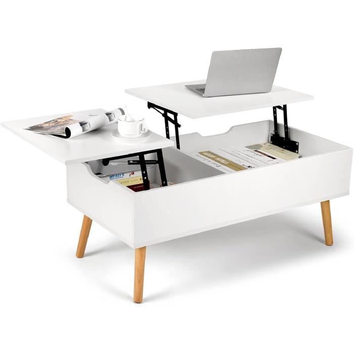 Table Basse Réglable En Hauteur, Table De Salon Moderne Avec 2 Tiroirs Blanc Et Couleur Bois