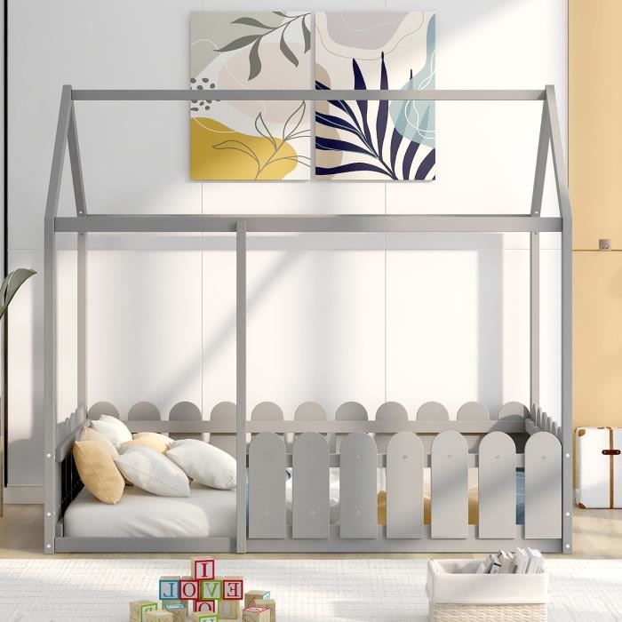 Lit Enfant Maison En Bois Avec Protection Anti-chute - 90x200 Cm Avec Matelas 10 Cm, Bois De Pin, Fabrication UE