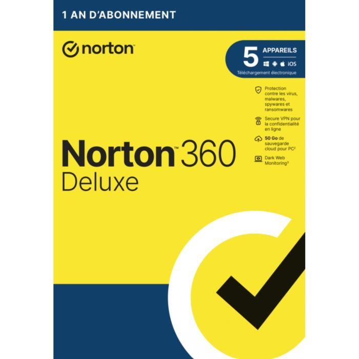 Norton 360 Deluxe 2024 | 1 An | 5 Appareils | PC-Mac-Android-iOS | [Téléchargement]