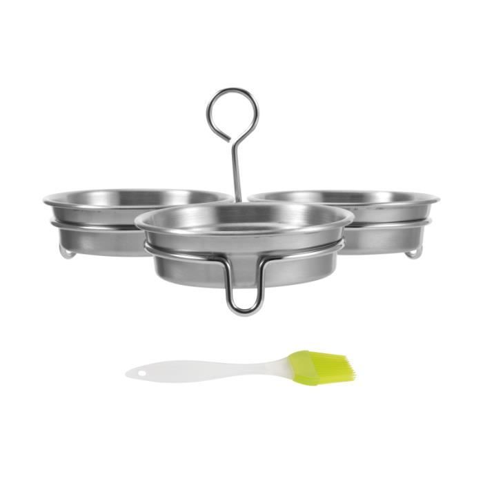 4 Moules à Oeufs En Acier Inoxydable Anti-adhésifs 10cm - Avec Poignée Pliante Silicone Et Brosse à Huile - Pour Oeufs Parfaits