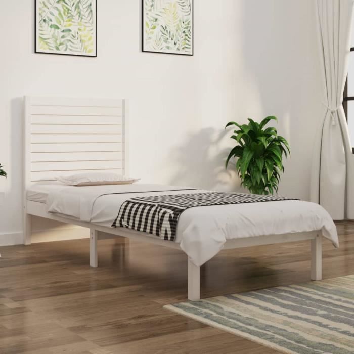 Cadre De Lit Simple En Pin Massif Blanc 90x200 Cm - Robuste Et Élégant Pour Adultes Et Enfants