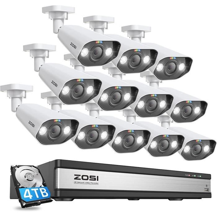 ZOSI 4K PoE Kit Caméra de Surveillance 12pcs 8MP Caméra + 16CH 4K NVR avec HDD de 4 to Audio Bidirectionnel Vision Nocturne Couleur