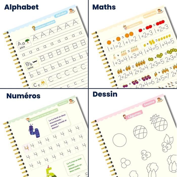 Cahier D'exercices - Magique - Calligraphie Enfant - 4 Cahiers Réutilisables - 3 Stylos Inclus