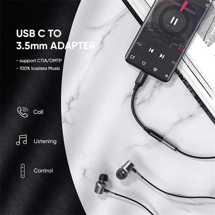 UGREEN Adaptateur de chargeur audio USB C vers prise casque 3,5 mm