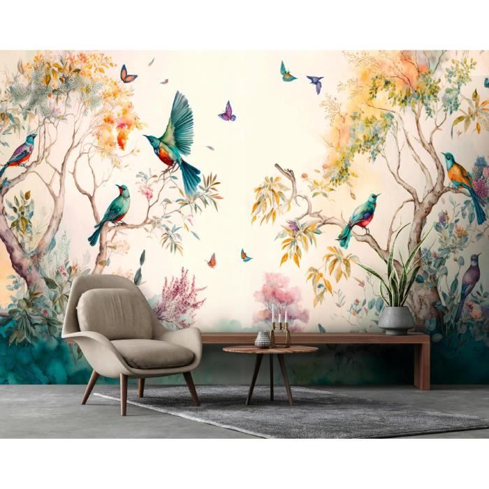 Papier Peint Intissé Panoramique Forêt Oiseaux Pastel 368x254 cm ...