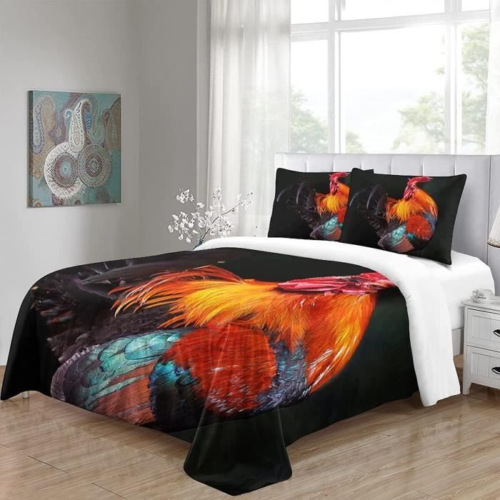 Housse De Couette 220x240 Cm + 2 Taies 65x65 Cm - Imprimé Coq Animal - Microfibre Respirante - Fermeture éclair - 9