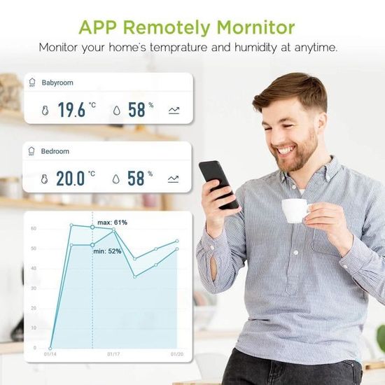 la maison Google Weather Sync Avec Écran LCD Station Météo WiFi Fonctionne avec TUYA/Smart Life APP WLAN Thermometre Interieur Exterieur Sans fil avec 3 Capteurs Extérieurs pour cave de serre 