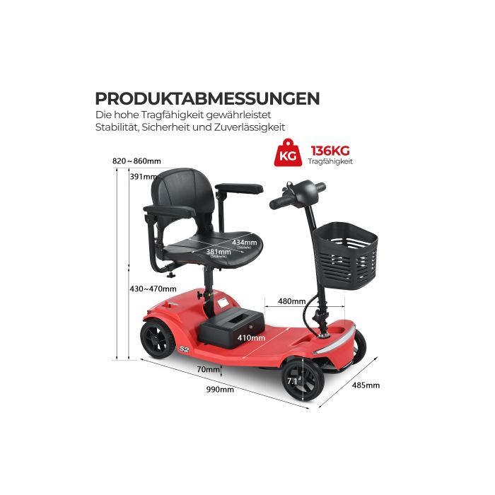 Scooter Mobilité VOCIC D51 – 4 Roues, 136 Kg, Autonomie 15 Km, Moteur 300W, Siège 360°, Pneus Increvables – Garantie 5 Ans, Rouge