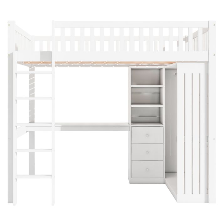 Lit mezzanine 140×200 cm avec bureau, armoire et 3 tiroirs, pin, blanc Lit mezzanine 140×200 cm avec bureau, armoire et 3 tiroirs, pin, blanc