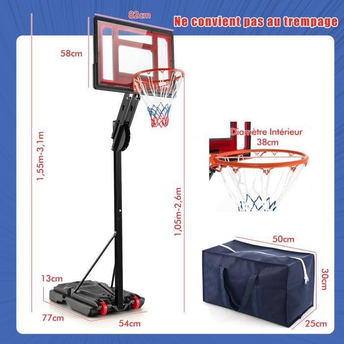 COSTWAY Panier de Basket-Ball sur Pied 228-265cm Hauteur Réglable avec  Tableau Arrière de Basket, 2 Roues,Base Remplissable 35L Eau - Cdiscount  Sport