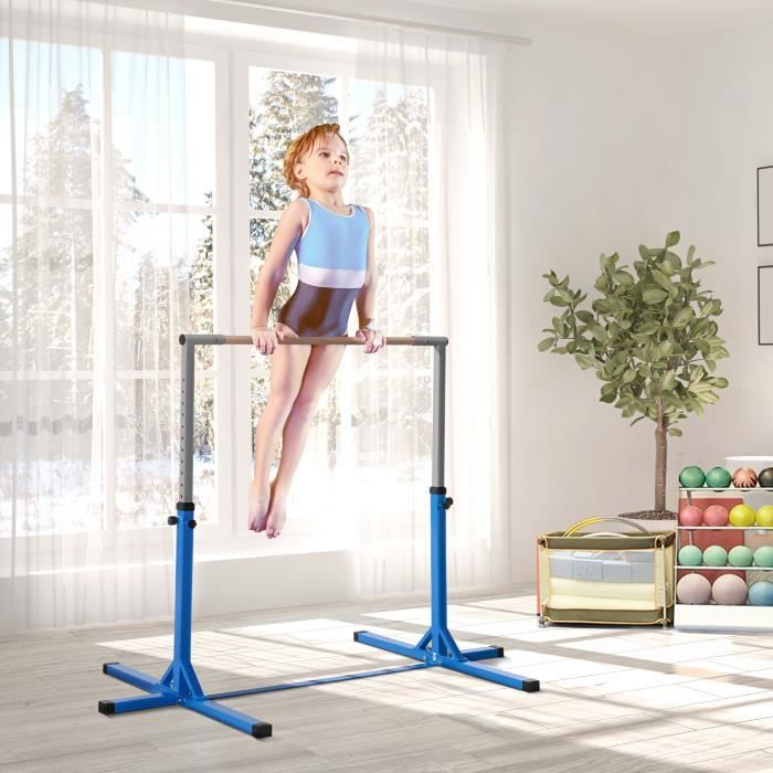 Barre fixe de gymnastique enfant - barre de gymnastique hauteur réglable 13  niveaux 92 à 150 cm - acier bleu bois massif hêtre - Cdiscount Sport