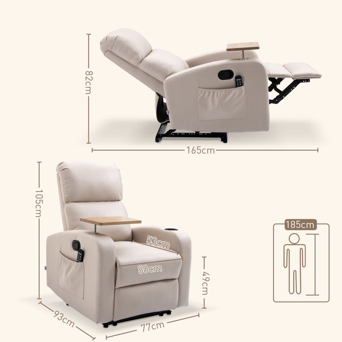 Fauteuil releveur massant chauffant dossier inclinable repose-pied relevable port usb intégré tissu beige Fauteuil releveur massant chauffant dossier inclinable repose-pied relevable port usb intégré tissu beige