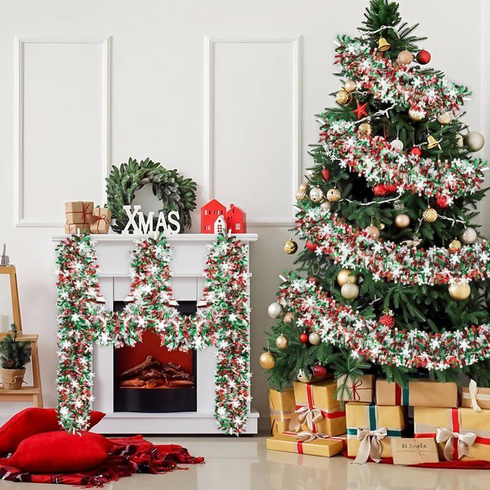 Guirlande Noël 10 M Avec Flocons De Neige-Métallique Rouge Et