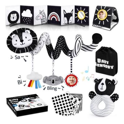 Lot De 4 Jouets Suspendus En Peluche Noir Et Blanc – Animaux Marins Avec Carillon – Pour Poussette, Berceau, Siège Auto – Sensoriel Dès 0 Mois – Cadeau Idéal Pour Bébé